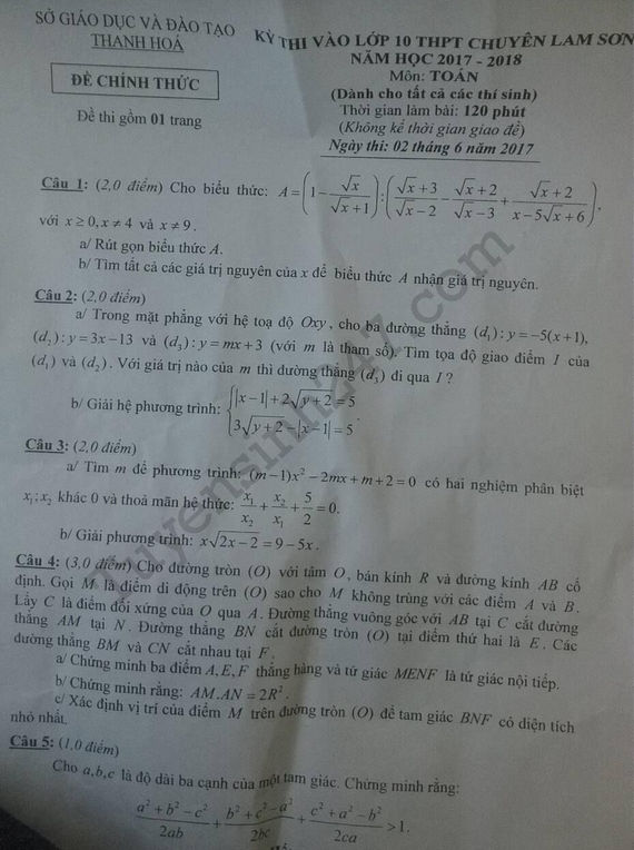 Đề thi vào lớp 10 môn Toán chuyên năm 2017 Lam Sơn - Thanh Hóa