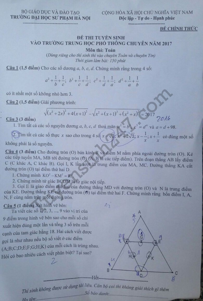 Đáp án đề thi vào lớp 10 môn Toán chuyên - THPT chuyên Sư phạm HN năm 2017