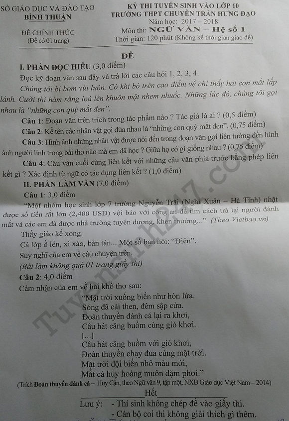 Đề thi vào lớp 10 môn Văn Chuyên - Bình Thuận năm 2017