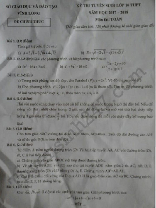 Đề thi vào lớp 10 môn Toán năm 2017 tỉnh Vĩnh Long