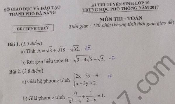 Đáp án đề thi vào lớp 10 môn Toán 2017  - TP Đà Nẵng