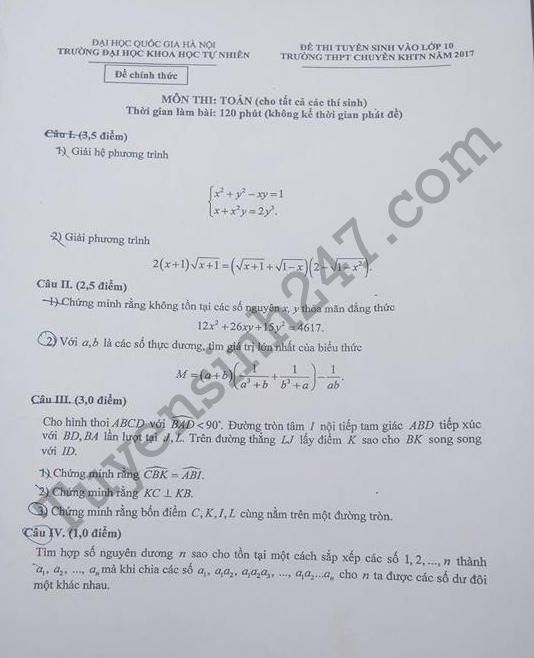 Đáp án đề thi vào lớp 10 môn Toán 2017 - THPT Chuyên KHTN