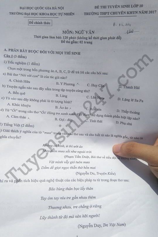Đáp án đề thi vào lớp 10 môn Văn 2017 - THPT Chuyên KHTN