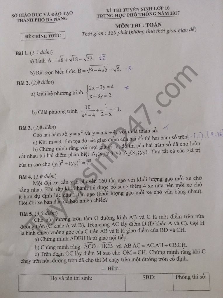 Đáp án đề thi môn Toán vào lớp 10 năm 2017 - TP Đà Nẵng