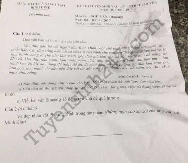 Đề thi vào lớp 10 môn Văn chuyên 2017 tỉnh Bình Định