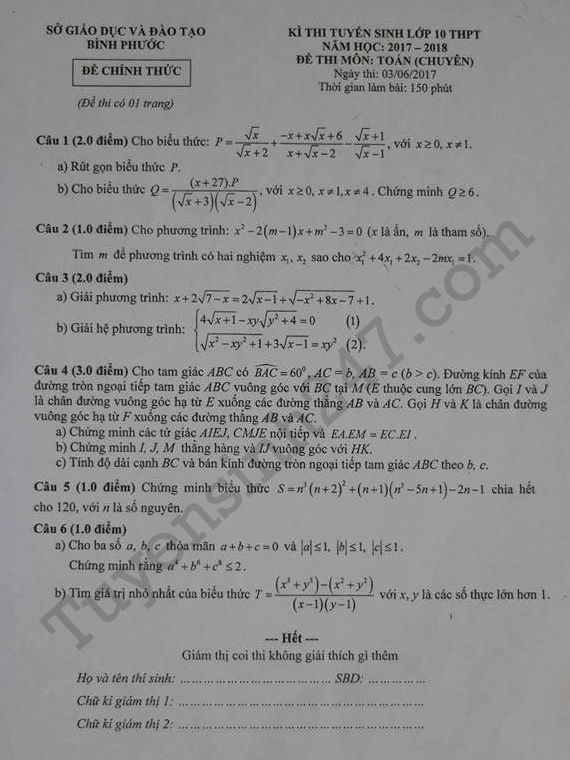 Đề thi vào lớp 10 môn Toán chuyên - tỉnh Bình Phước 2017 