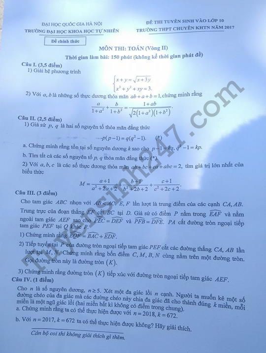 Đề thi vào lớp 10 môn Toán chuyên 2017 vòng 2 - THPT Chuyên KHTN