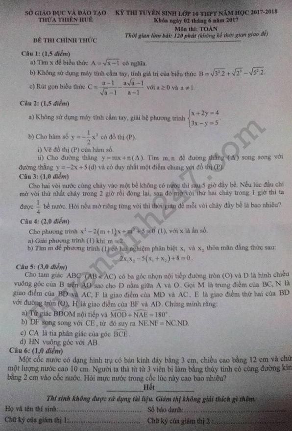 Đề thi vào lớp 10 môn Toán 2017 - Thừa Thiên Huế