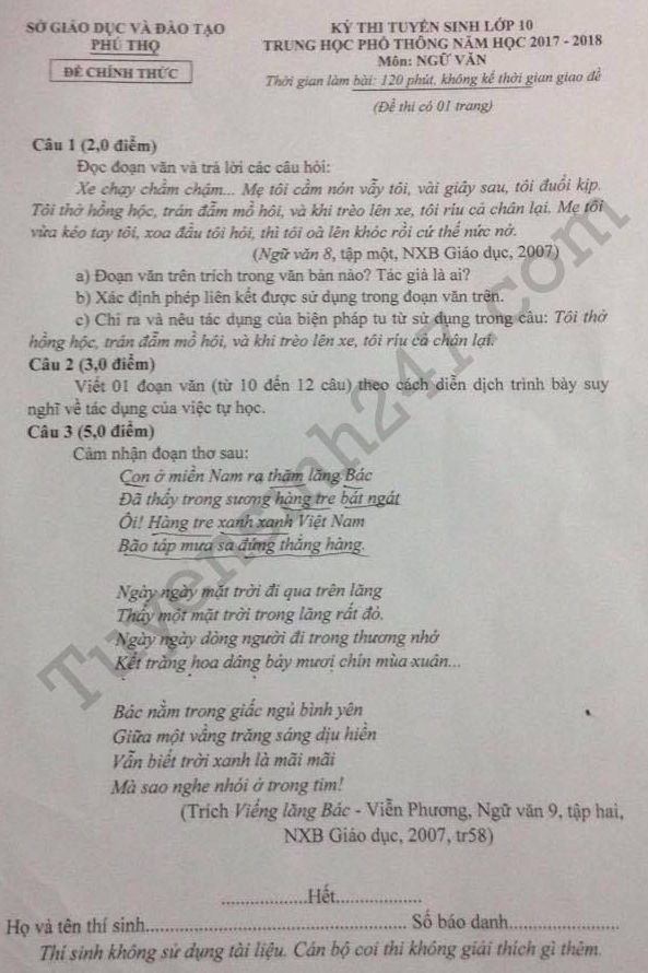 Đề thi vào lớp 10 môn Văn năm 2017 - tỉnh Phú Thọ