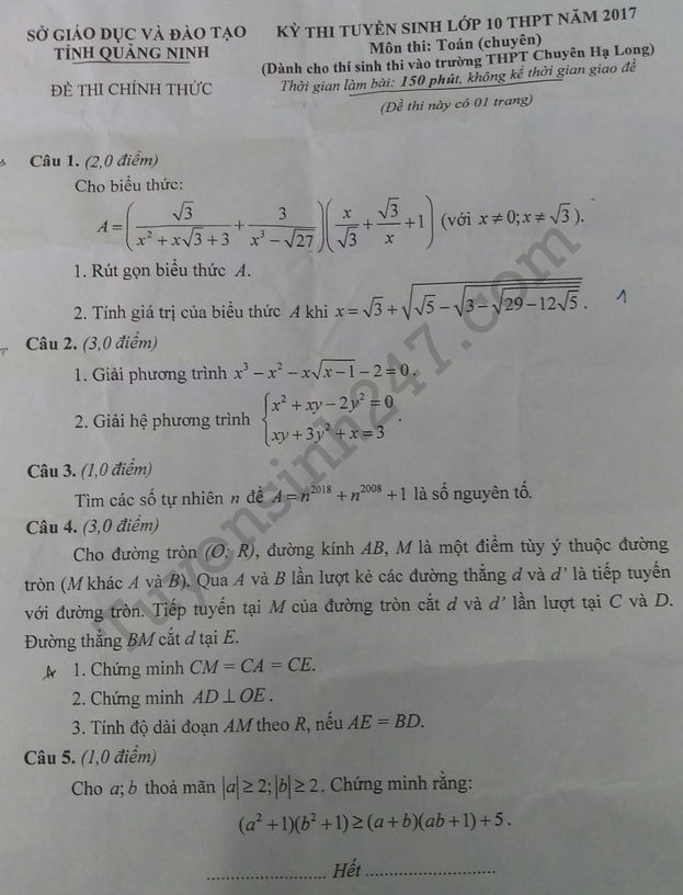 Đề thi vào lớp 10 môn Toán Chuyên - tỉnh Quảng Ninh 2017