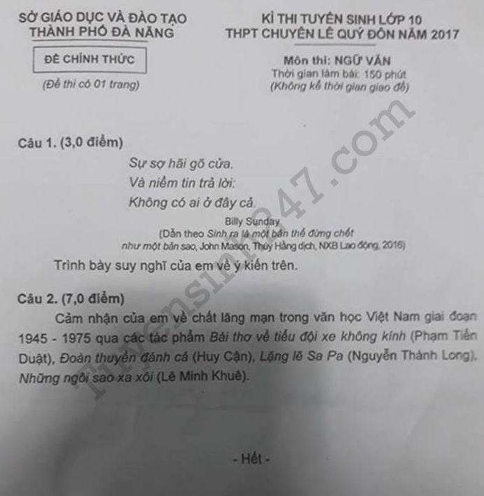 Đề thi vào lớp 10 môn Văn chuyên 2017 - Đà Nẵng