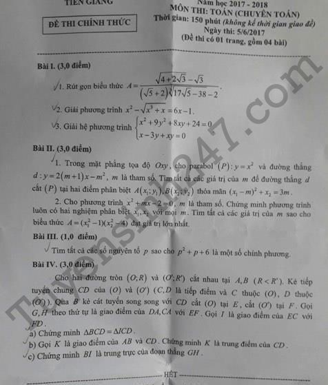 Đề thi vào lớp 10 môn Toán chuyên Tiền Giang năm 2017