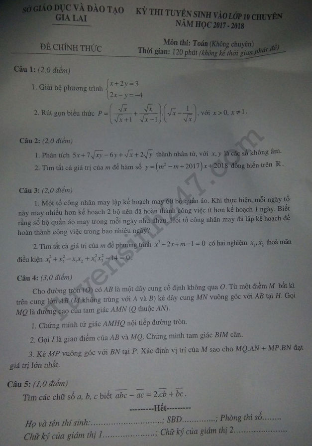 Đề thi vào lớp 10 môn Toán - THPT Chuyên tỉnh Gia Lai năm 2017