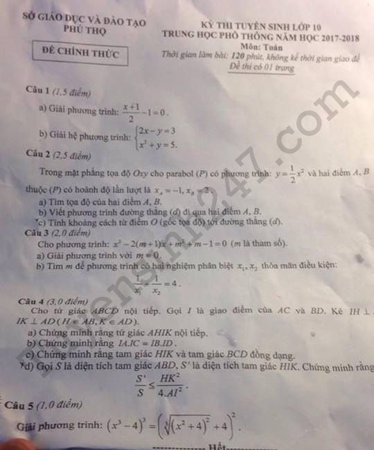 Đề thi vào lớp 10 môn Toán năm 2017 tỉnh Phú Thọ