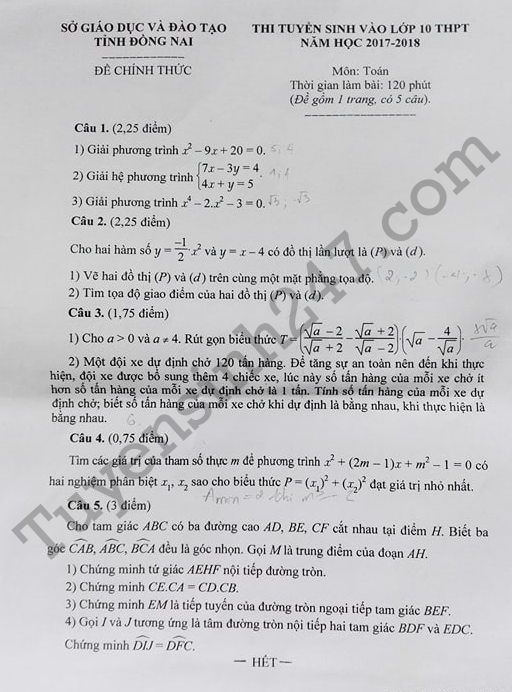 Đề thi vào lớp 10 môn Toán 2017 tỉnh Đồng Nai