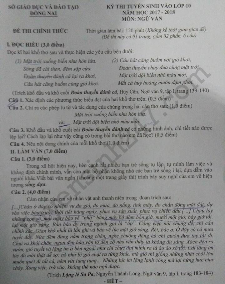 Đề thi lớp 10 môn Văn tỉnh Đồng Nai năm 2017