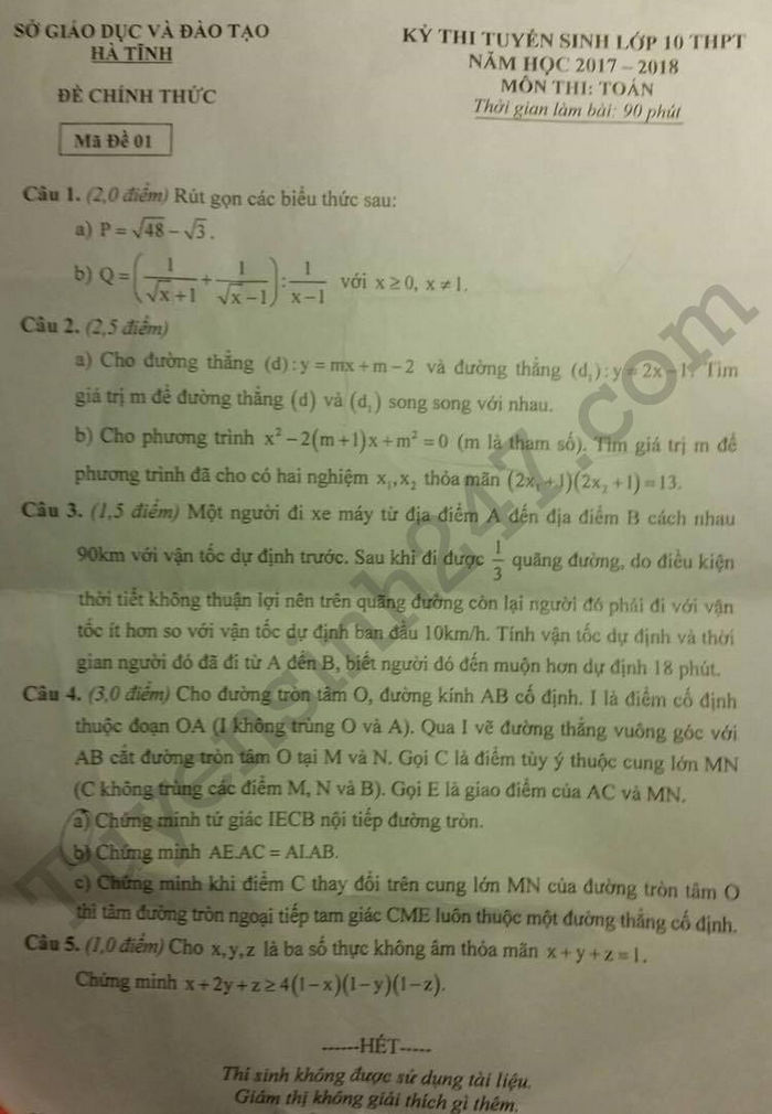 Đề thi vào lớp 10 môn Toán 2017 tỉnh Hà Tĩnh