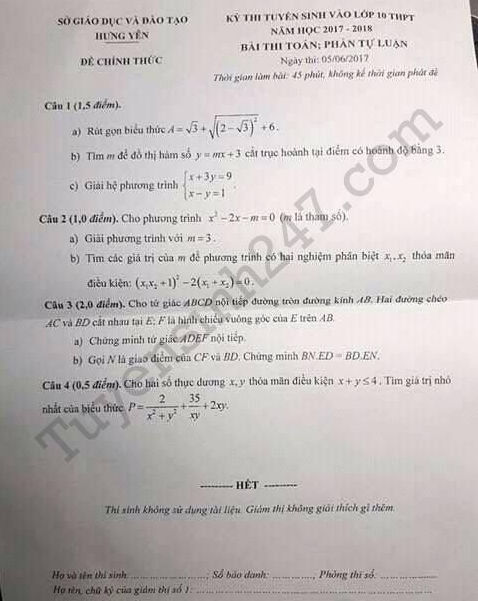 Đề thi vào 10 môn Toán tỉnh Hưng Yên 2017
