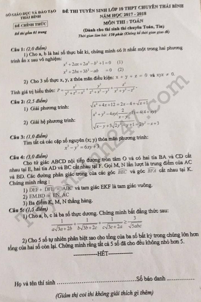 Đề thi vào lớp 10 môn Toán THPT chuyên năm 2017 tỉnh Thái Bình