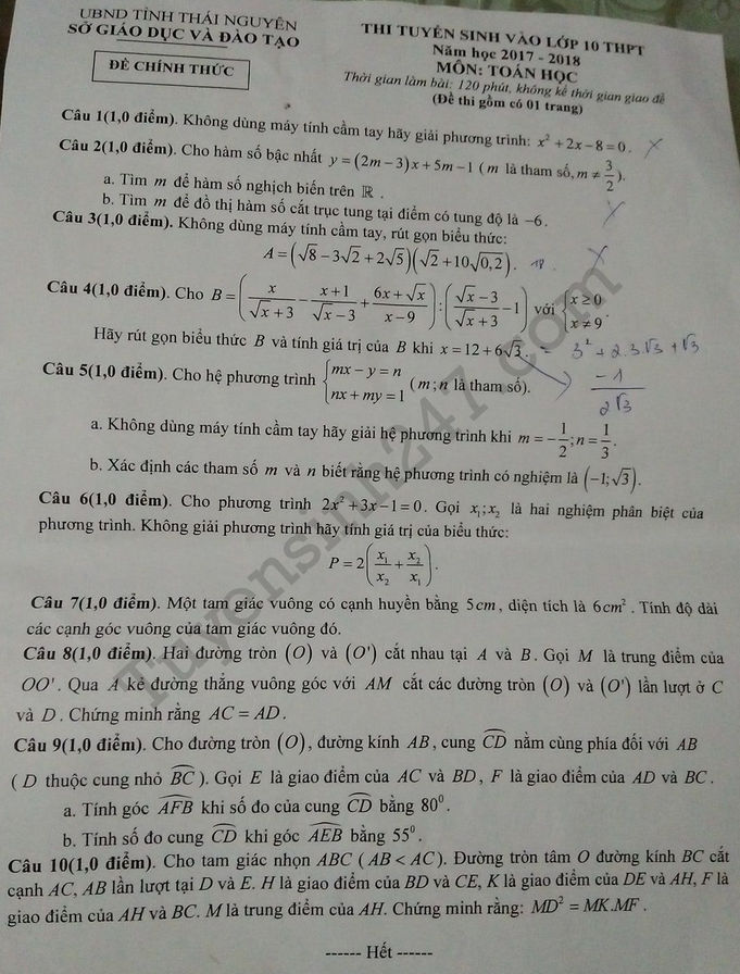 Đề thi môn Toán vào lớp 10 tỉnh Thái Nguyên năm 2017