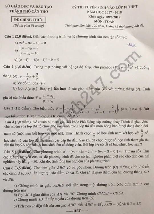 Đáp án đề thi vào lớp 10 môn Toán Cần Thơ năm 2017