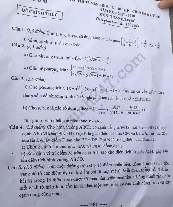 Đề thi vào lớp 10 môn Toán THPT Chuyên 2017 - Hà Tĩnh