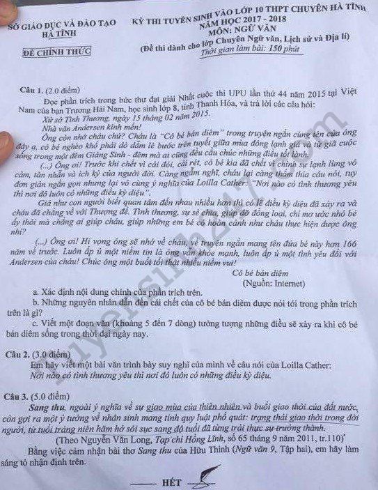 Đề thi vào lớp 10 môn Văn THPT Chuyên - Hà Tĩnh năm 2017