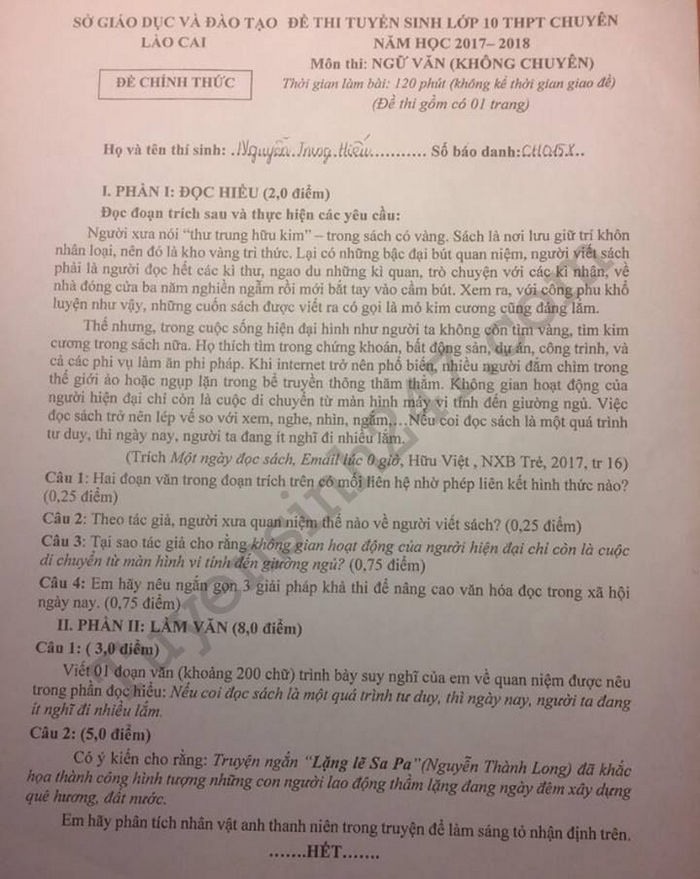 Đề thi vào lớp 10 môn Văn THP Chuyên - Lào Cai năm 2017