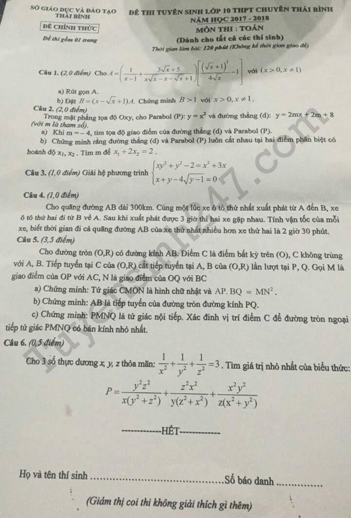 Đề thi vào lớp 10 môn Toán (chung) THPT chuyên tỉnh Thái Bình 2017