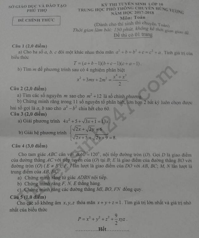 Đề thi vào lớp 10 môn Toán chuyên tỉnh Phú Thọ năm 2017