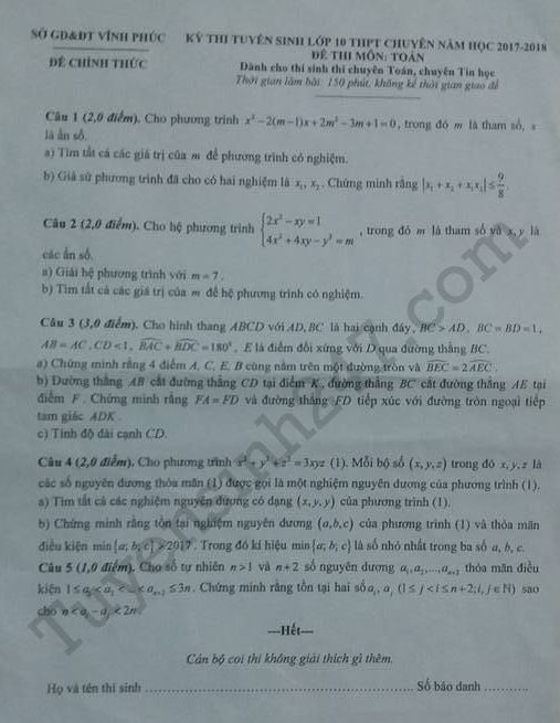 Đề thi vào lớp 10 môn Toán chuyên - Vĩnh Phúc năm 2017