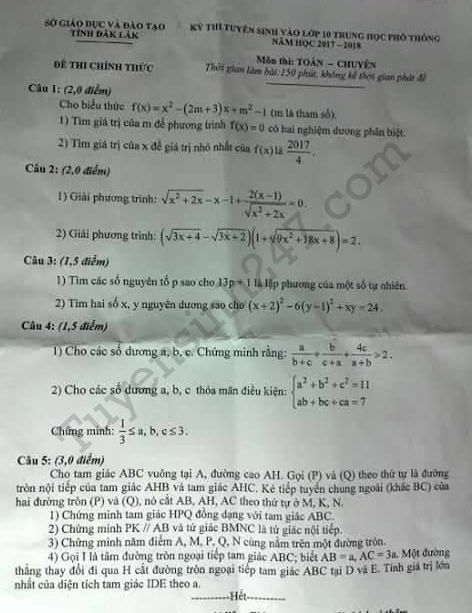 Đề thi lớp 10 môn Toán chuyên tỉnh Đắk Lắk năm 2017