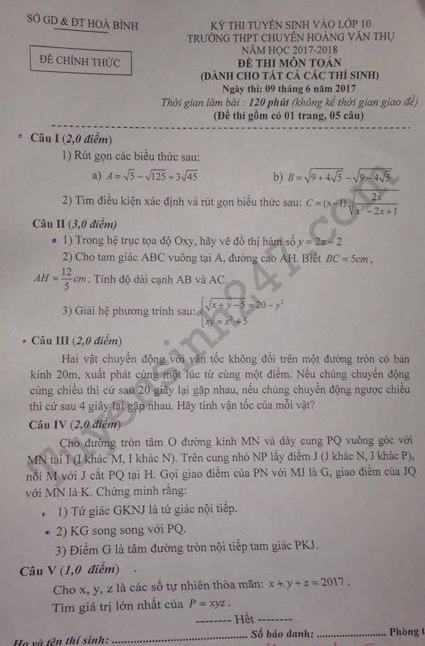 Đề thi vào lớp 10 môn Toán THPT Chuyên 2017 - tỉnh Hòa Bình