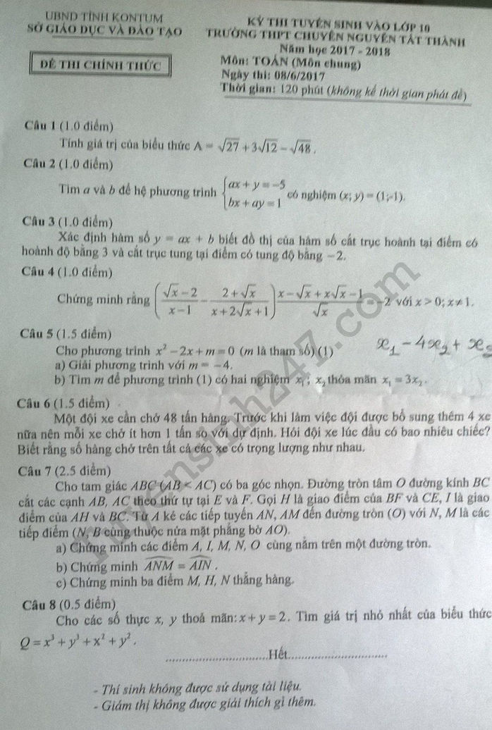 Đề thi vào lớp 10 môn Toán chuyên năm 2017 tỉnh Kon Tum