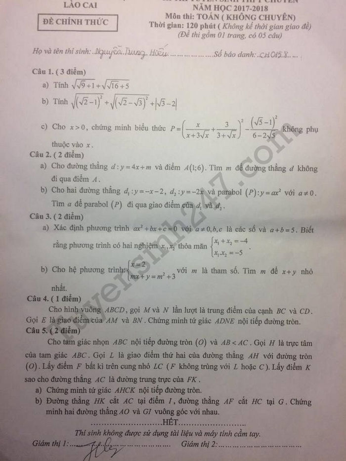 Đề thi vào lớp 10 môn Toán - THPT Chuyên Lào Cai năm 2017