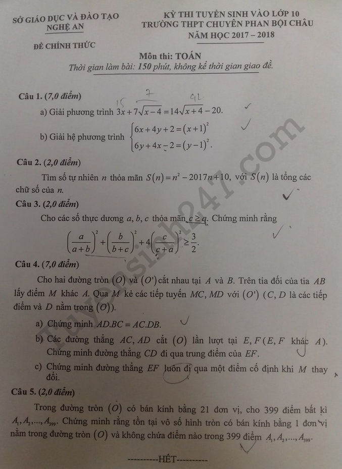 Đề thi vào lớp 10 môn Toán chuyên Phan Bội Châu- Nghệ An 2017