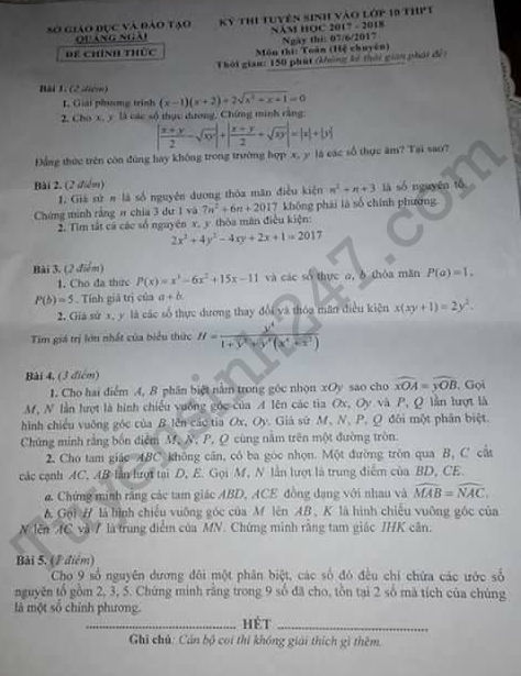 Đề thi vào lớp 10 môn Toán chuyên 2017 - Quãng Ngãi