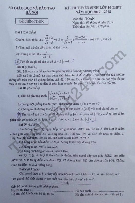 Đáp án đề thi vào lớp 10 môn Toán Hà Nội 2017