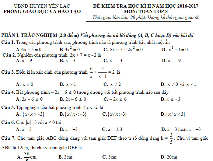 Đề thi học kì 2 lớp 8 môn Toán - Yên Lạc năm 2017