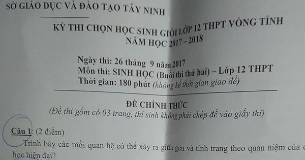 Đề thi chọn HSG môn Sinh lớp 12 năm 2017 - Tỉnh Tây Ninh - Buổi 1+ 2