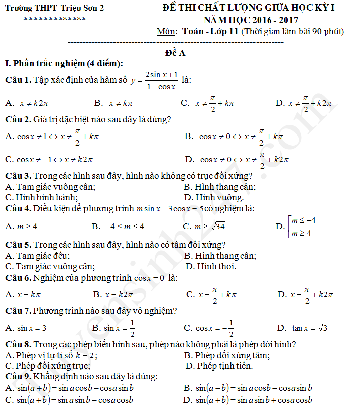 Đề thi giữa học kì 1 lớp 11 môn Toán Triệu Sơn 2 năm 2017