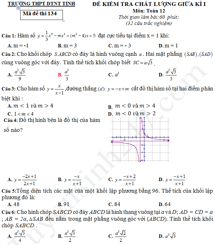 Đề thi giữa học kì 1 lớp 12 môn Toán 2017 - THPT DTNT