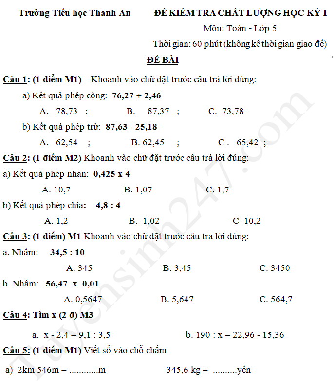 Đề thi giữa học kì 1 lớp 5 môn Toán - TH Thanh An năm 2017 