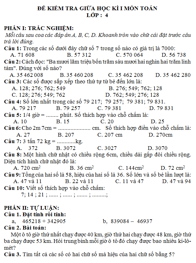 Đề thi 8 tuần học kì 1 lớp 4 môn Toán năm 2017