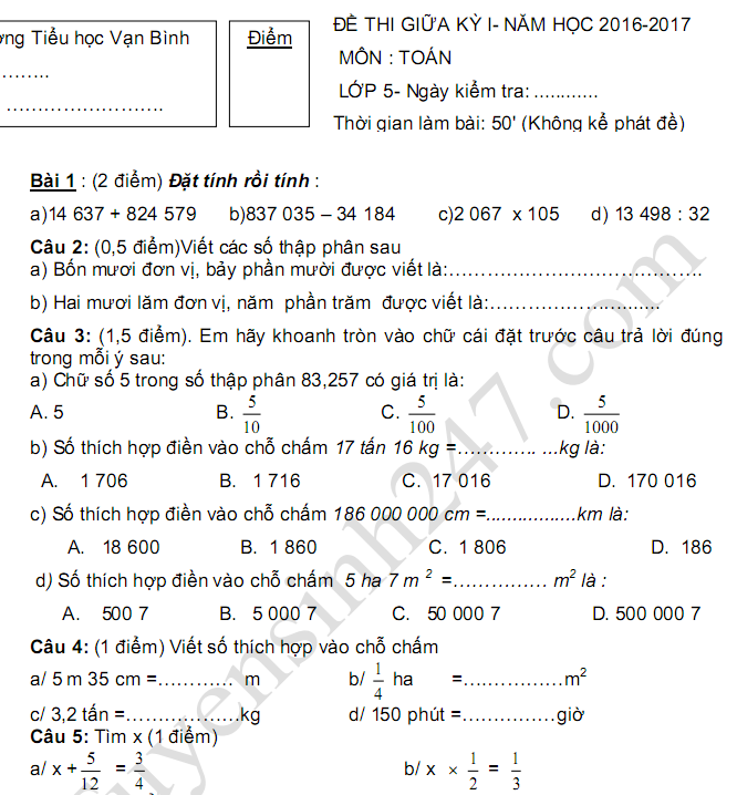 Đề thi giữa học kì 1 lớp 5 môn Toán 2017 - TH Vạn Bình