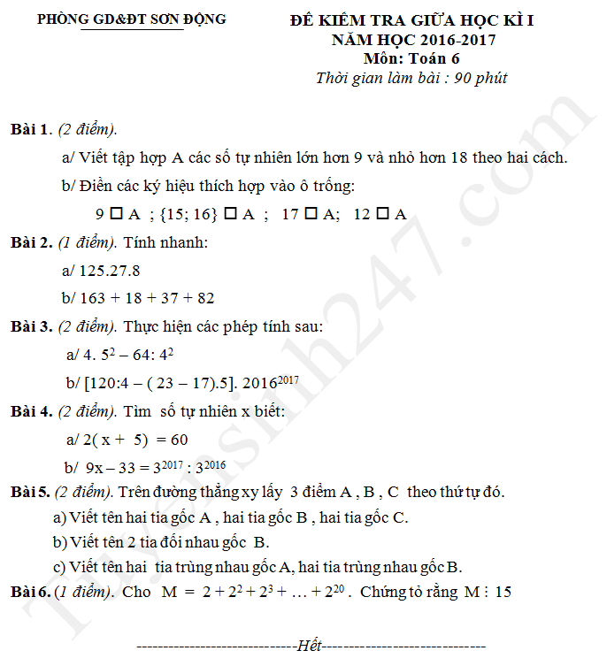 Đề thi giữa học kì 1 lớp 6 môn Toán - Sơn Động 2017 