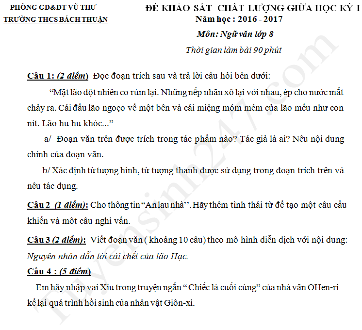 Đề kiểm tra 8 tuần học kì 1 lớp 8 môn Văn 2017 - THCS Bách thuận