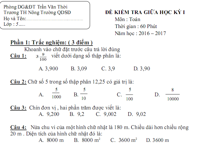 Đề thi giữa kì 1 lớp 5 môn Toán năm 2017 - TH Nông Trường