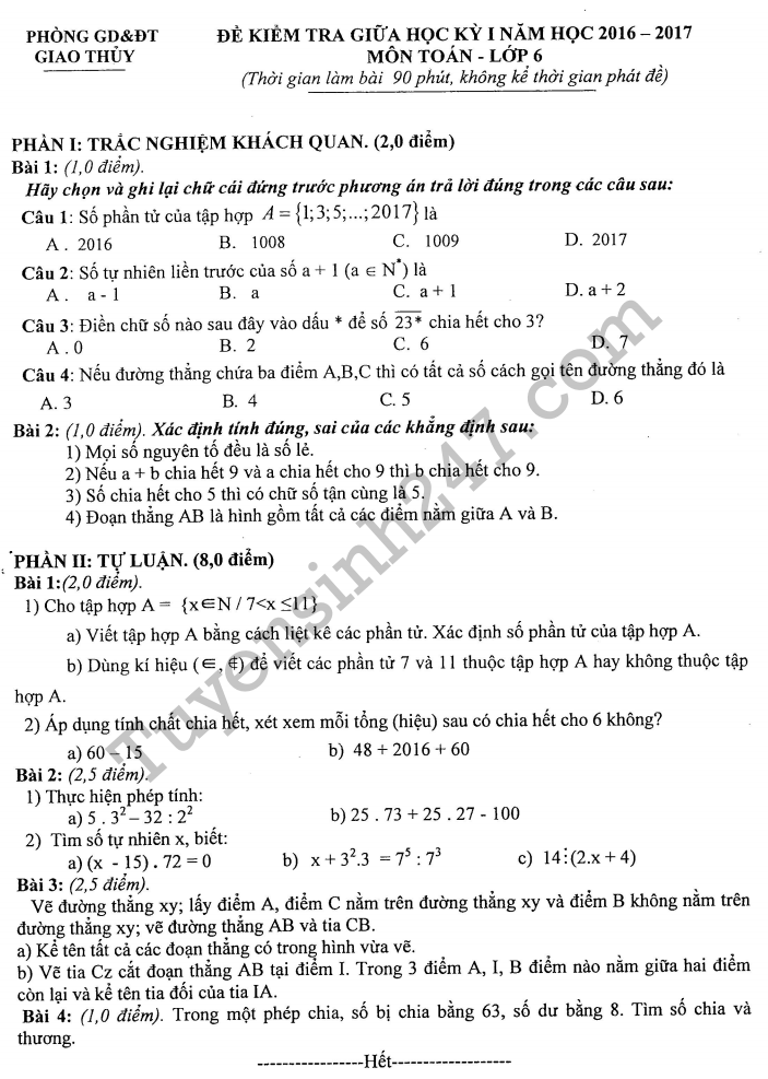 Đề thi giữa kì 1 lớp 6 môn Toán - Giao Thủy 2017 