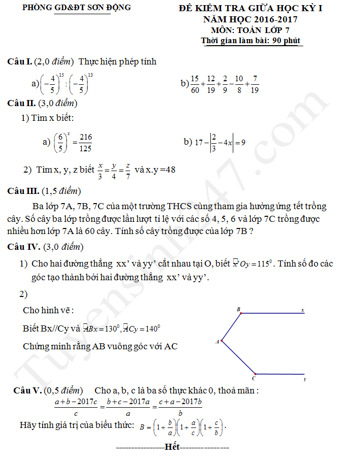 Đề thi giữa học kì 1 lớp 7 môn Toán 2017 - Sơn Động